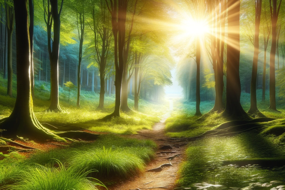 A-natural-landscape-with-a-bright-sunlit-path-leading-through-a-lush-forest-